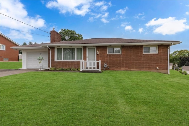 single story home with an attached garage, a chimney, driveway, and a front yard