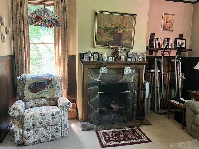 living area with a fireplace, carpet, and a wealth of natural light