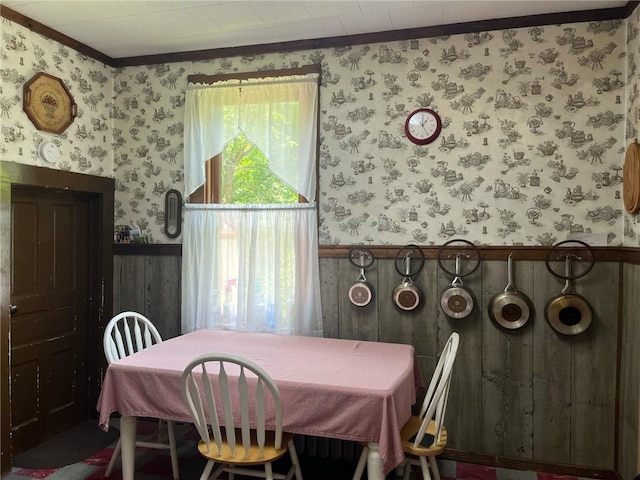 340 Mine Hill Rd, German Twp, PA 15410 - dining area featuring crown molding, wallpapered walls, and a wainscoted wall