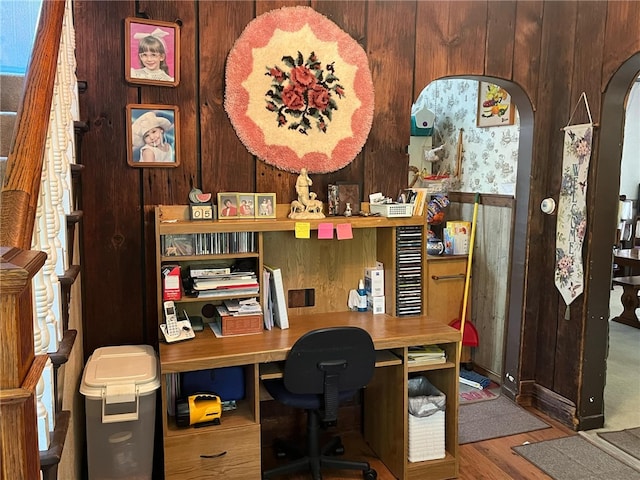 home office with wooden walls