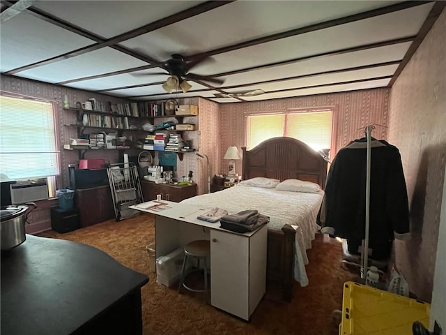 340 Mine Hill Rd, German Twp, PA 15410 - carpeted bedroom with a ceiling fan, wallpapered walls, multiple windows, and cooling unit