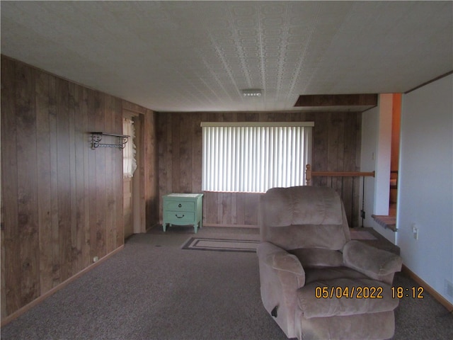 living room featuring carpet floors and wood walls