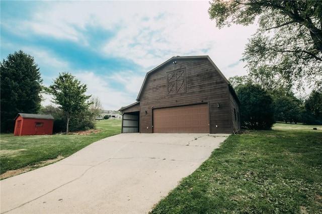 view of property exterior featuring a storage shed and a yard