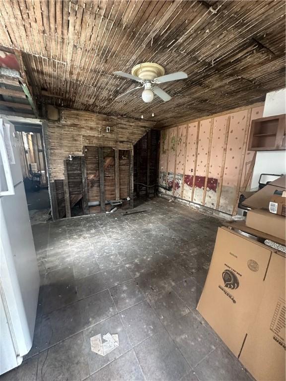 miscellaneous room with wooden ceiling and ceiling fan