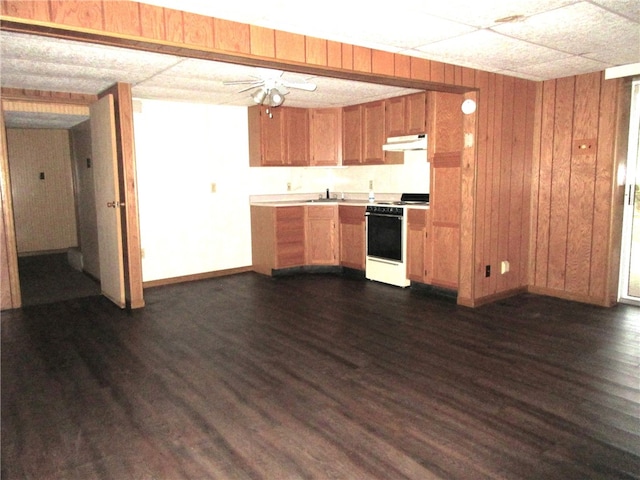 kitchen featuring white range oven, wooden walls, sink, ceiling fan, and dark hardwood / wood-style floors