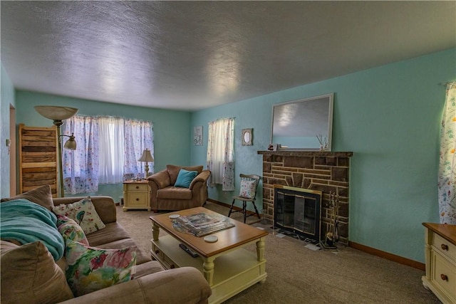 living room with a fireplace, light colored carpet, and a textured ceiling