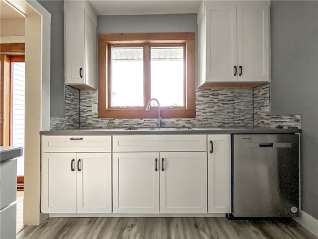 kitchen with light hardwood / wood-style floors, tasteful backsplash, sink, and stainless steel dishwasher