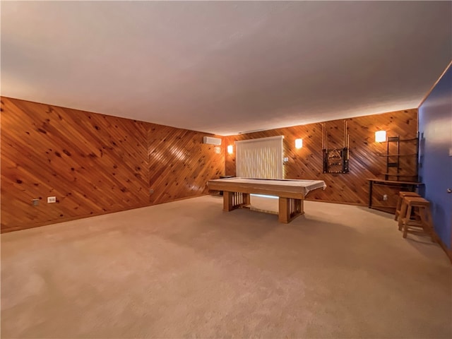 rec room featuring wood walls, light colored carpet, and billiards