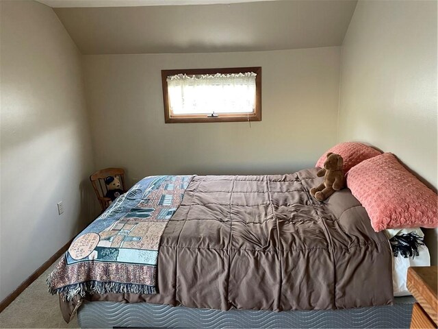 bedroom featuring carpet flooring and vaulted ceiling