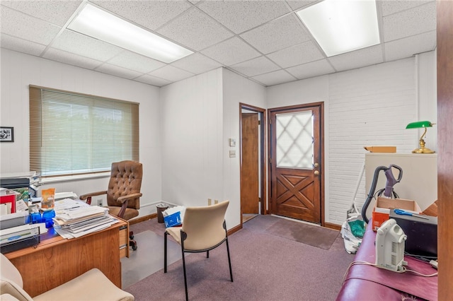 home office with a paneled ceiling and carpet