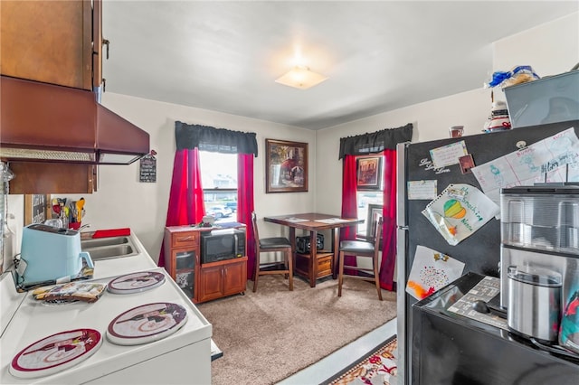 carpeted bedroom featuring sink and stainless steel refrigerator