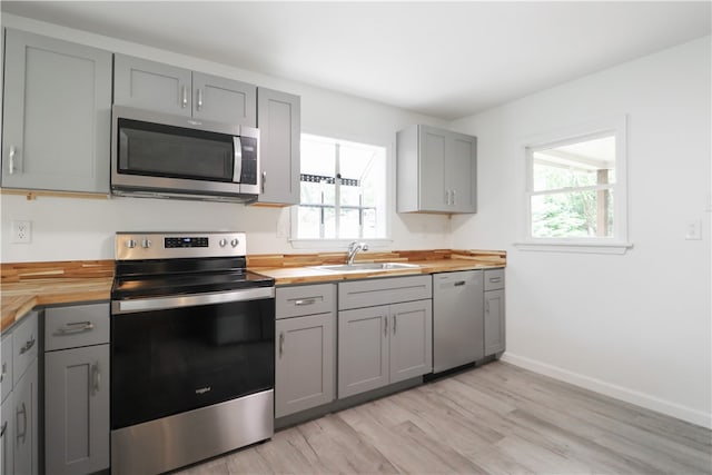 kitchen featuring sink, appliances with stainless steel finishes, a wealth of natural light, and wood counters