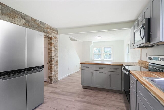 kitchen with wooden counters, stainless steel appliances, light hardwood / wood-style floors, and gray cabinets