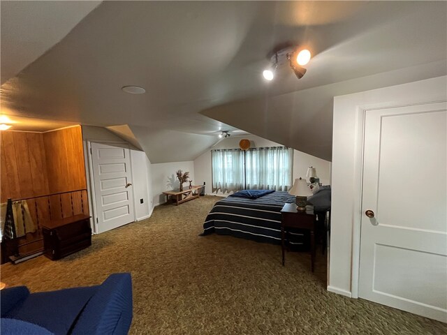 bedroom with vaulted ceiling and carpet floors