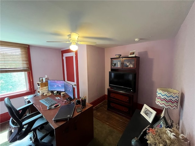 office space with ceiling fan and dark wood-type flooring