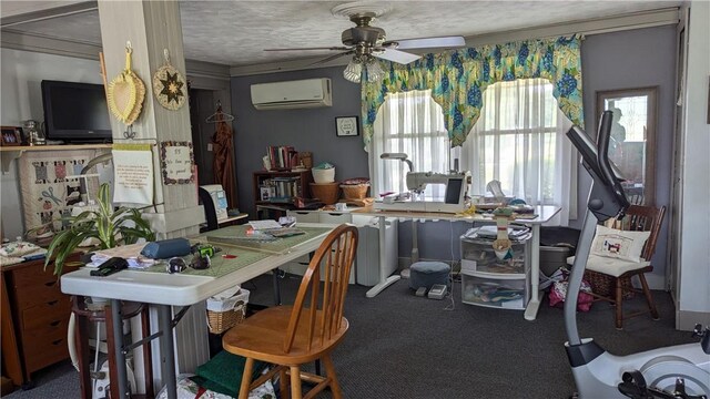 carpeted office featuring ceiling fan, an AC wall unit, and a textured ceiling