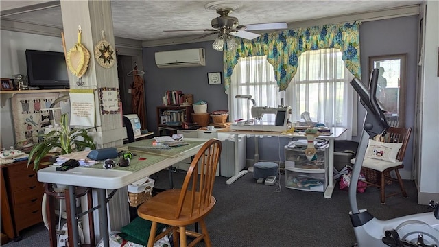 office area featuring carpet floors, ceiling fan, a textured ceiling, and an AC wall unit