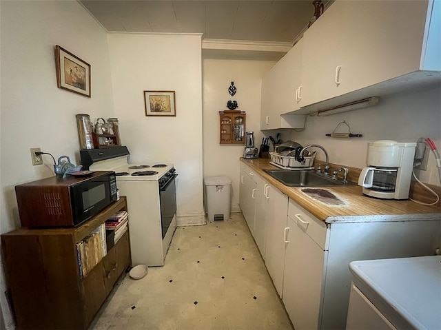 kitchen with white cabinetry, crown molding, sink, and electric stove