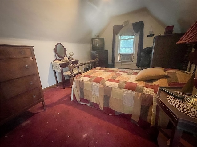 carpeted bedroom featuring vaulted ceiling and cooling unit