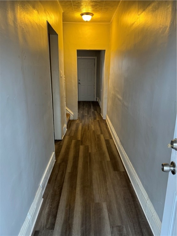 hall with dark hardwood / wood-style floors and ornamental molding