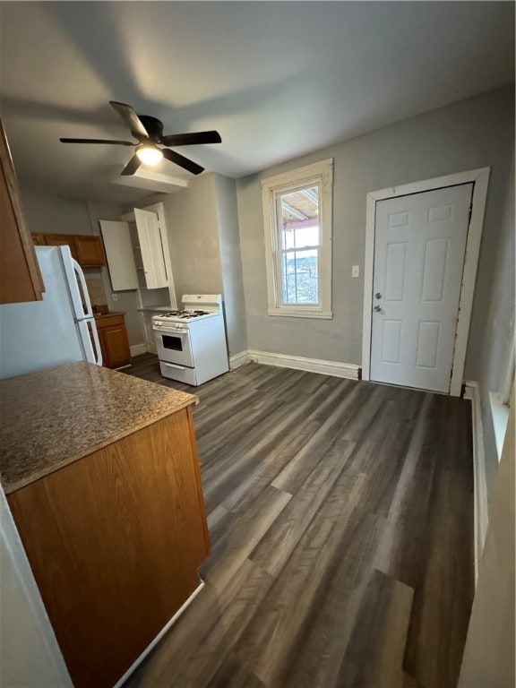 kitchen featuring ceiling fan, hardwood / wood-style floors, and white appliances