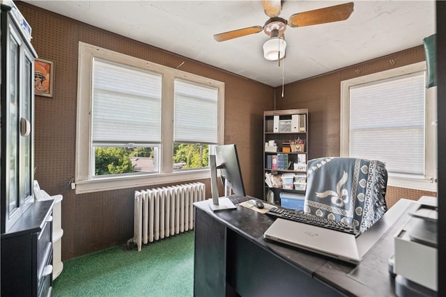 carpeted office space with wallpapered walls, radiator heating unit, and ceiling fan