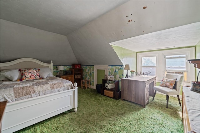 carpeted bedroom featuring vaulted ceiling