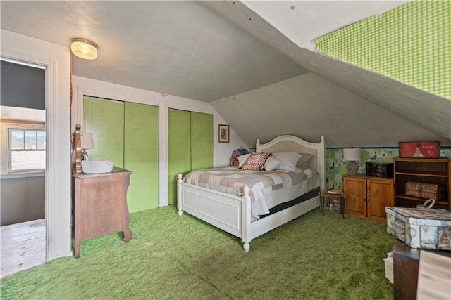 bedroom featuring multiple closets, carpet, and lofted ceiling