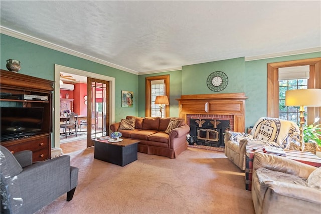 living area featuring a textured ceiling, carpet, a wall mounted air conditioner, and ornamental molding