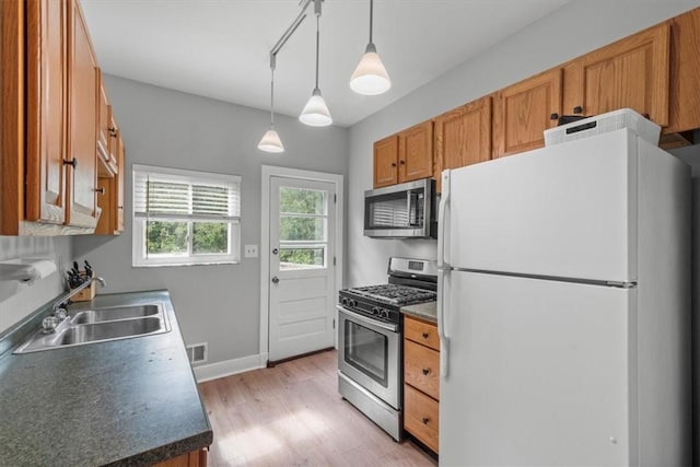 kitchen featuring pendant lighting, stainless steel appliances, sink, and light hardwood / wood-style flooring