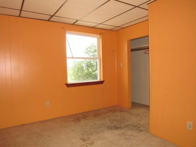 unfurnished bedroom featuring a drop ceiling, light colored carpet, and a closet