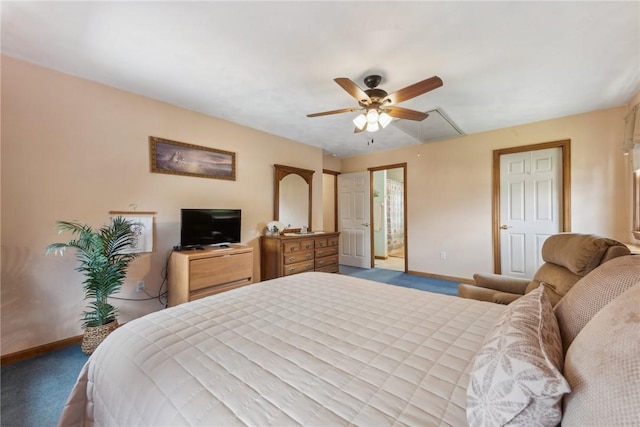 carpeted bedroom featuring ceiling fan