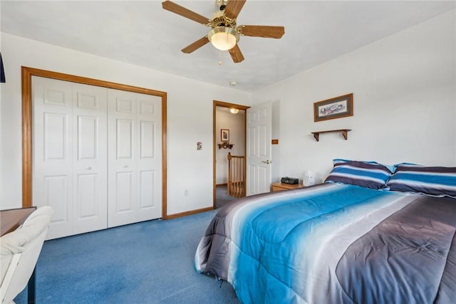 carpeted bedroom with ceiling fan and a closet