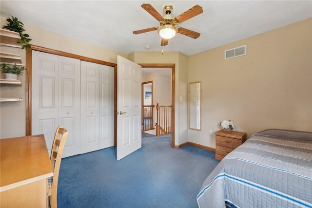 bedroom featuring ceiling fan and a closet