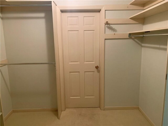 spacious closet featuring light colored carpet