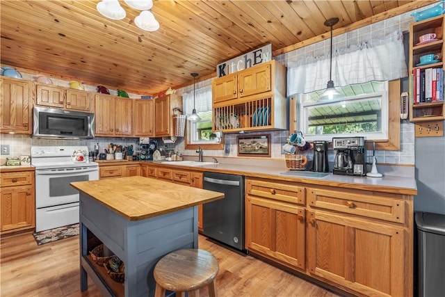 kitchen with wood ceiling, stainless steel appliances, light wood-type flooring, hanging light fixtures, and butcher block counters