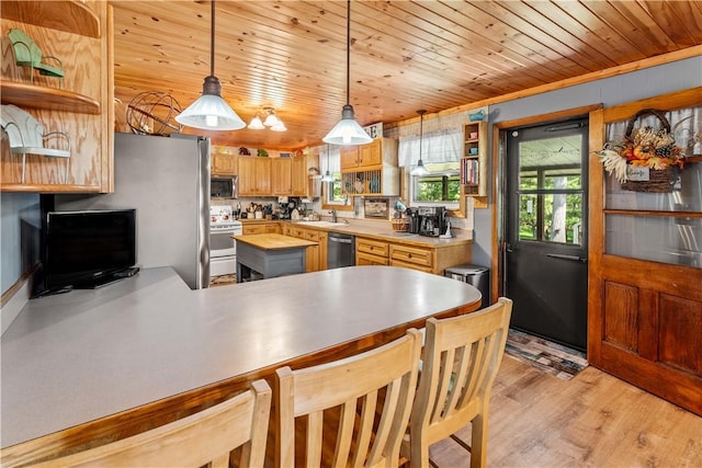 kitchen with light hardwood / wood-style flooring, pendant lighting, stainless steel appliances, wood ceiling, and sink