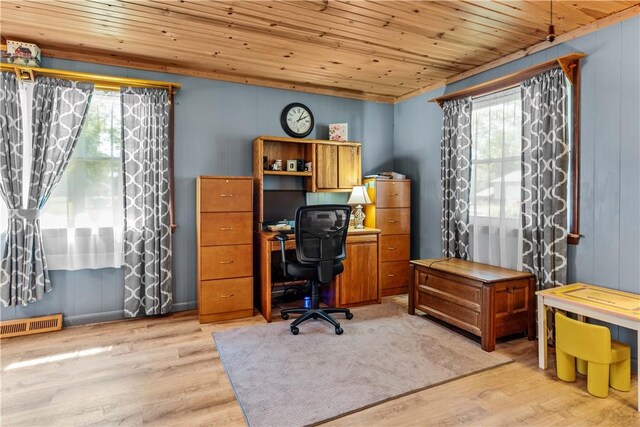 office area with wooden ceiling, light wood-type flooring, and a wealth of natural light