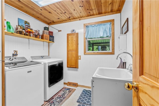 laundry area featuring sink, washer and clothes dryer, and wooden ceiling