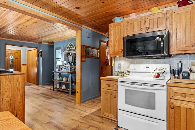 kitchen featuring light brown cabinets, light wood-type flooring, backsplash, and white electric stove