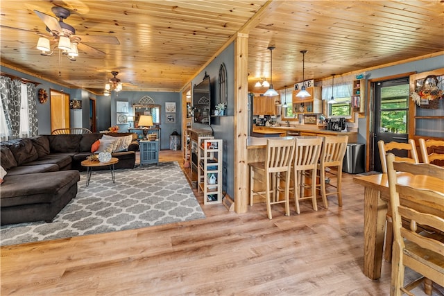 living room with light hardwood / wood-style floors, ceiling fan, wood ceiling, and crown molding