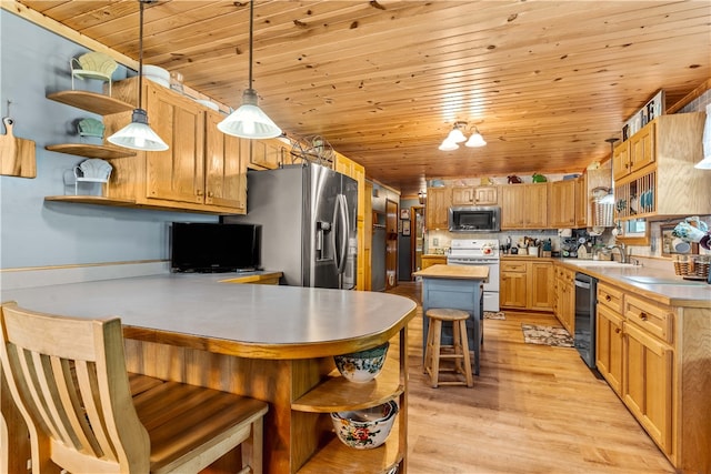 kitchen with wood ceiling, appliances with stainless steel finishes, pendant lighting, a kitchen bar, and sink