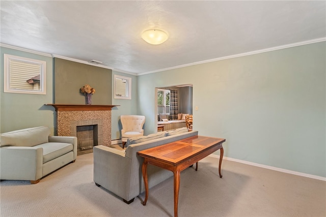 carpeted living room featuring ornamental molding, baseboard heating, and a fireplace