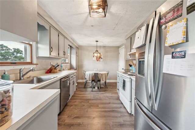 kitchen with gray cabinets, decorative light fixtures, wood-type flooring, sink, and appliances with stainless steel finishes