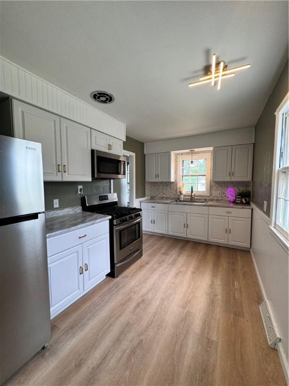 kitchen featuring white cabinets, backsplash, light hardwood / wood-style floors, appliances with stainless steel finishes, and sink