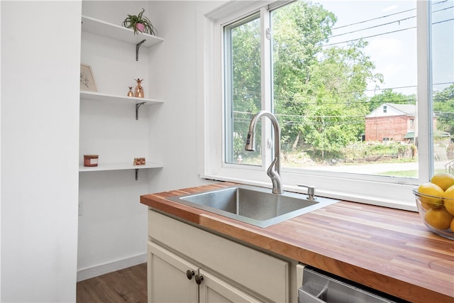 kitchen with white cabinetry, stainless steel dishwasher, dark hardwood / wood-style floors, sink, and wood counters