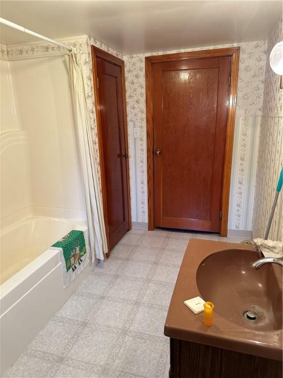 901 Clearfield Rd, Clearfield Twp, PA 16034 - full bath featuring tile patterned floors, vanity, shower / bath combination with curtain, and wallpapered walls