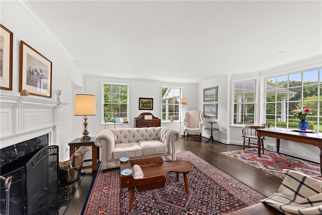 living room with a high end fireplace, dark hardwood / wood-style flooring, and ornamental molding