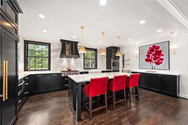 kitchen featuring premium range hood, decorative light fixtures, decorative backsplash, a center island, and dark hardwood / wood-style flooring