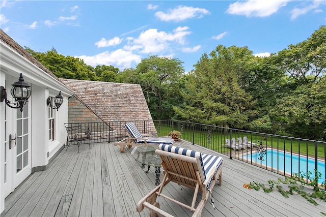 deck featuring a fenced in pool